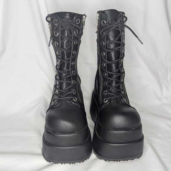 Demonia Bear-265 Front Lace Mid Calf Platform Boots Black Vegan Leather - Picture 2 of 11
